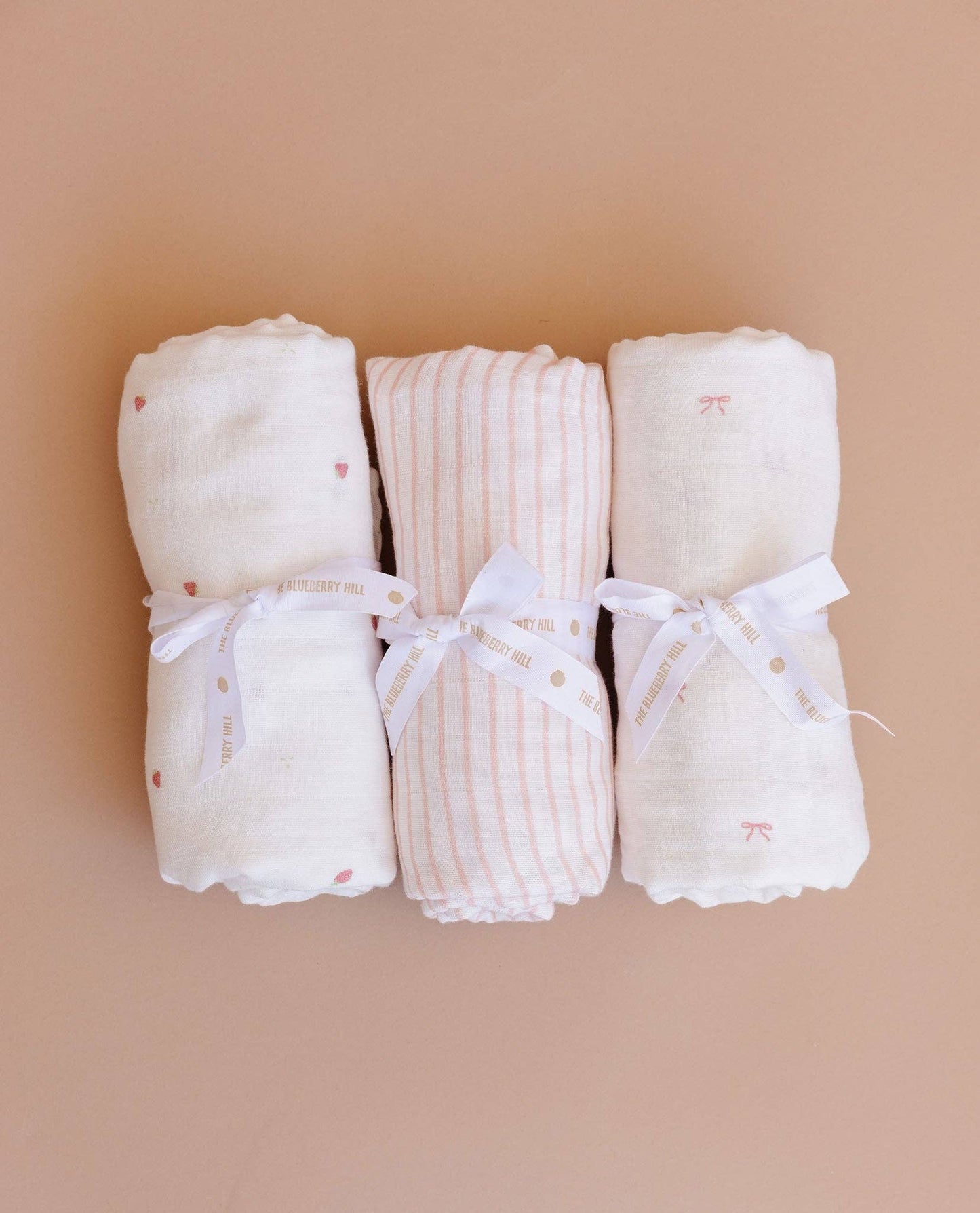 Swaddle Set Strawberry Bow Pink Stripe Baby Organic Muslin