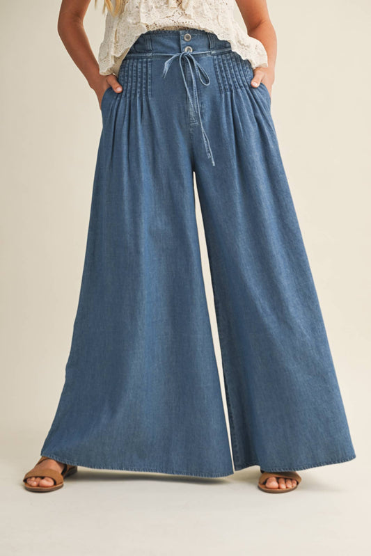 PINTUCK WIDE LEG DENIM PANTS