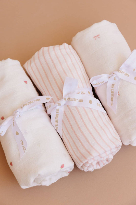 Swaddle Set Strawberry Bow Pink Stripe Baby Organic Muslin
