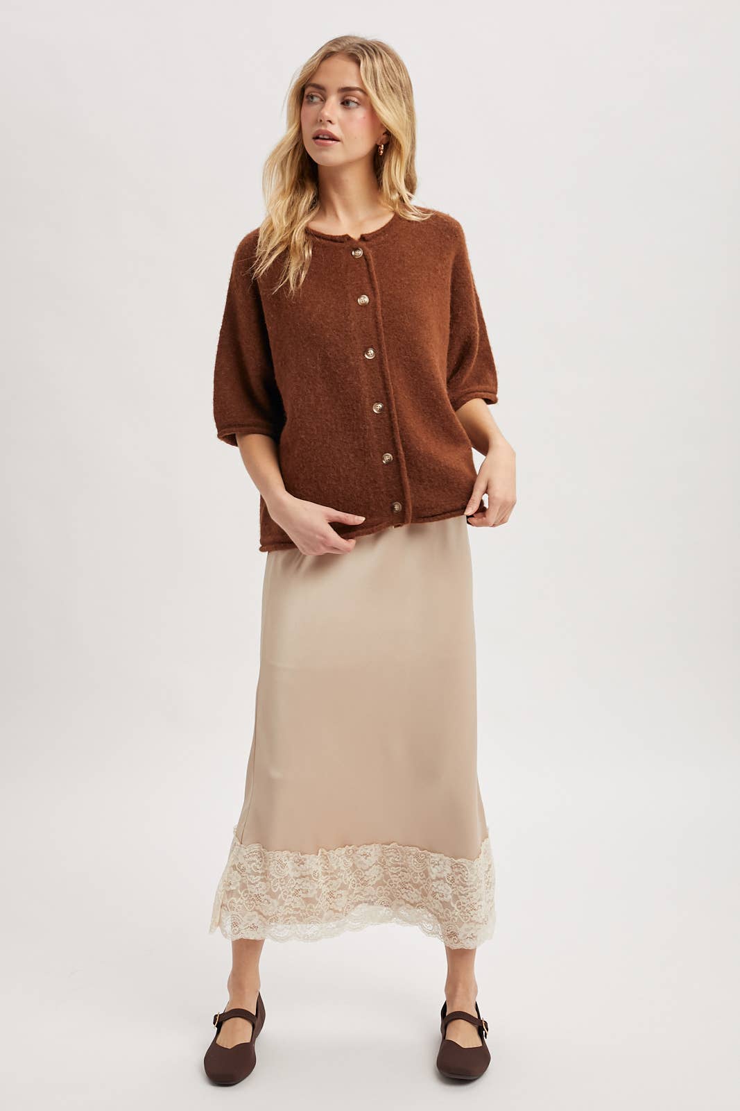 Lace Trim Satin Midi Skirt /