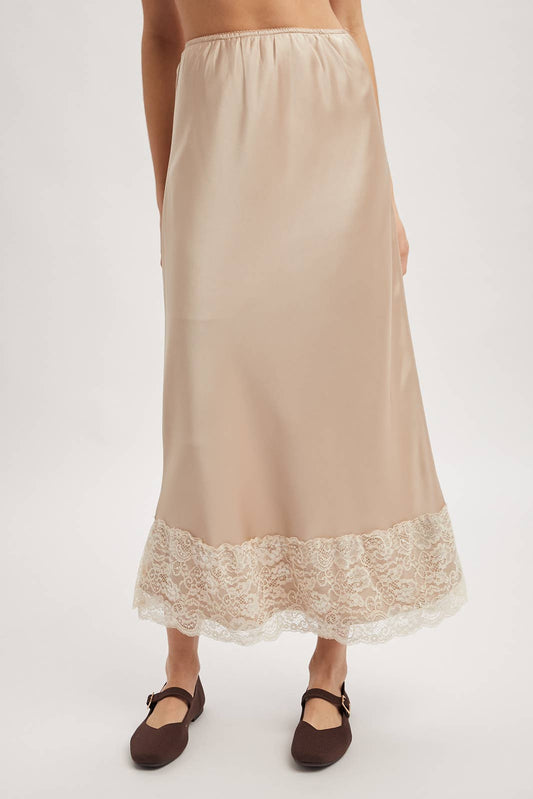 Lace Trim Satin Midi Skirt /